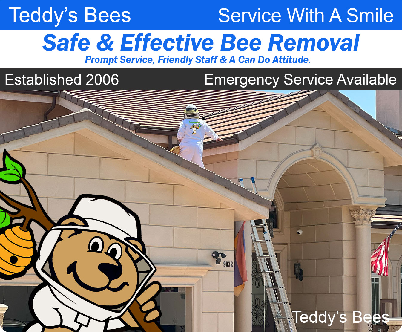 picture of teddys beekeeper talking to a customer about live bee removal in front of a  customers home.